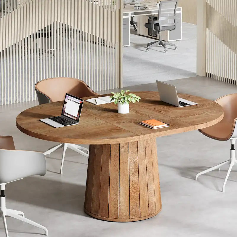 Table de conférence ovale en bois marron de 140 cm avec base en bois pour 6 personnes - N/A