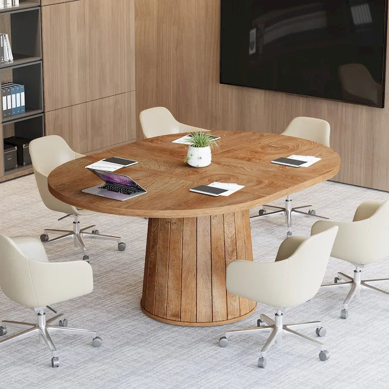 Table de conférence ovale en bois marron de 140 cm avec base en bois pour 6 personnes - N/A