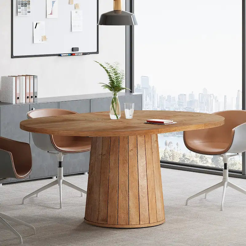 Table de conférence ovale en bois marron de 140 cm avec base en bois pour 6 personnes - N/A