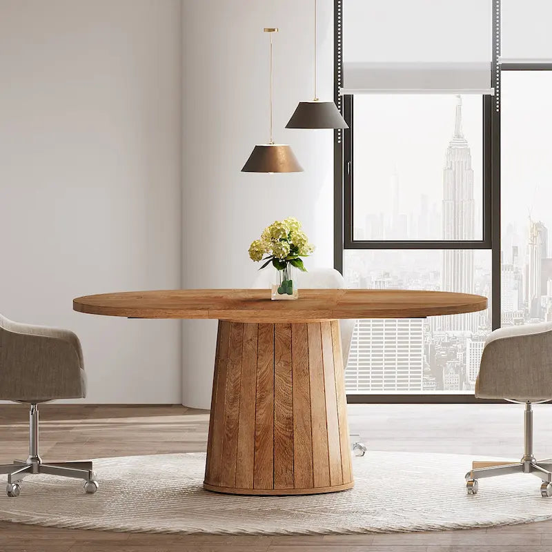 Table de conférence ovale en bois marron de 140 cm avec base en bois pour 6 personnes - N/A