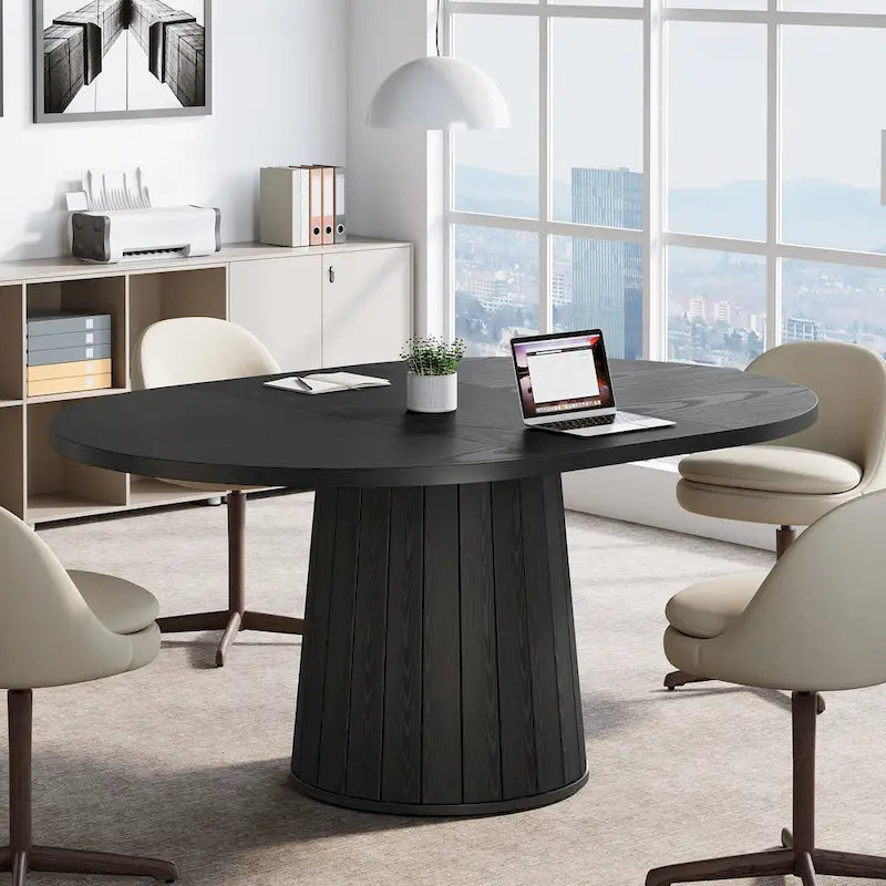 Table de conférence ovale en bois marron de 140 cm avec base en bois pour 6 personnes - N/A