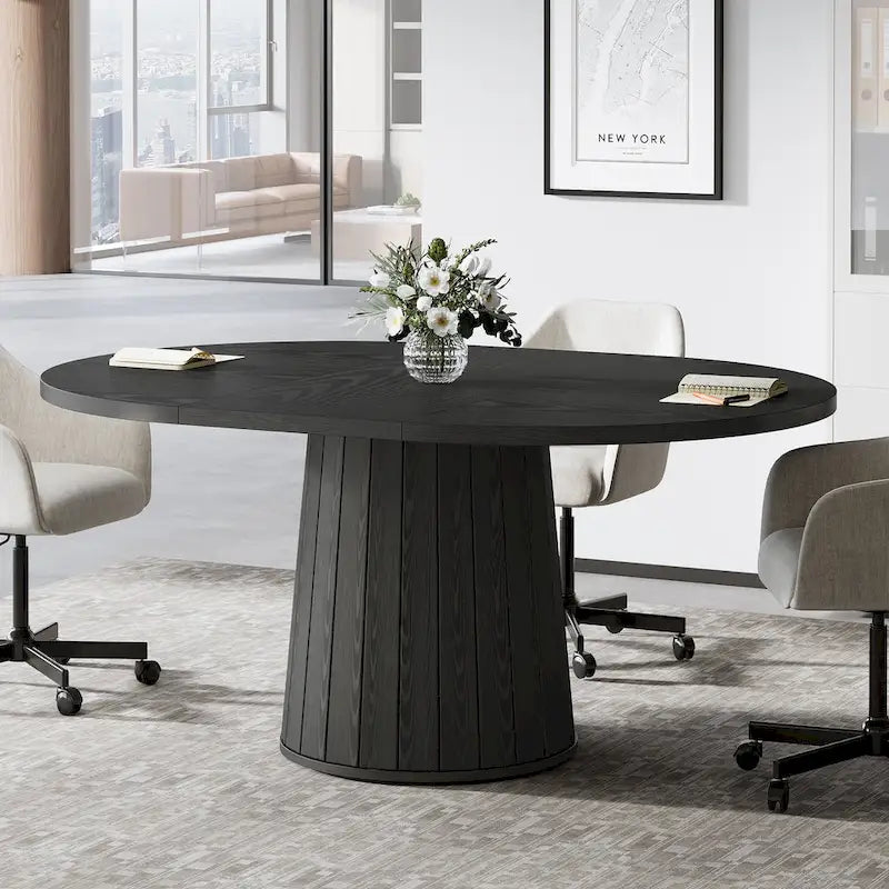 Table de conférence ovale en bois marron de 140 cm avec base en bois pour 6 personnes - N/A