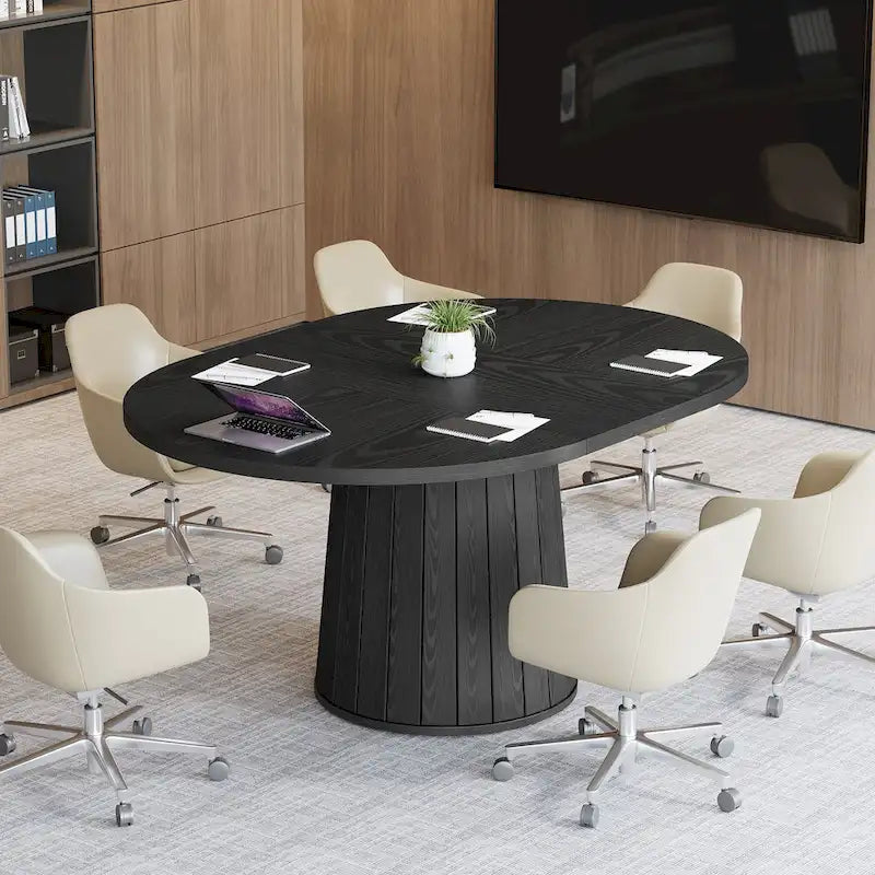 Table de conférence ovale en bois marron de 140 cm avec base en bois pour 6 personnes - N/A