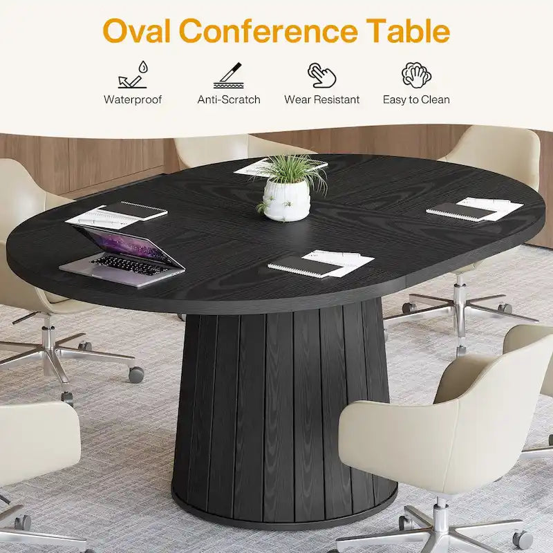 Table de conférence ovale en bois marron de 140 cm avec base en bois pour 6 personnes - N/A