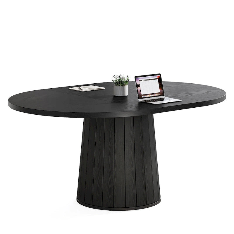 Table de conférence ovale en bois marron de 140 cm avec base en bois pour 6 personnes - N/A
