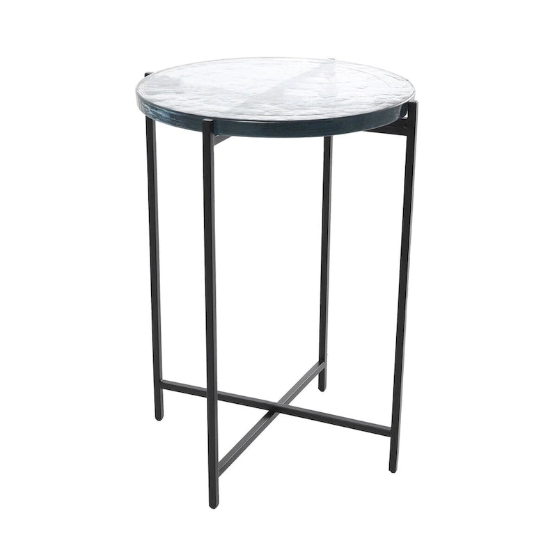 Metalowy Akcentowy Stolik Boczny w Kształcie Litery X z Teksturowanym Szklanym Blatem - Złoty lub Czarny - Roche River Decor