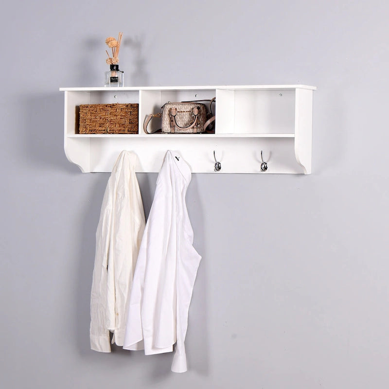 Porte-manteau mural blanc pour entrée avec 4 crochets doubles et étagère de rangement en bois pour salon