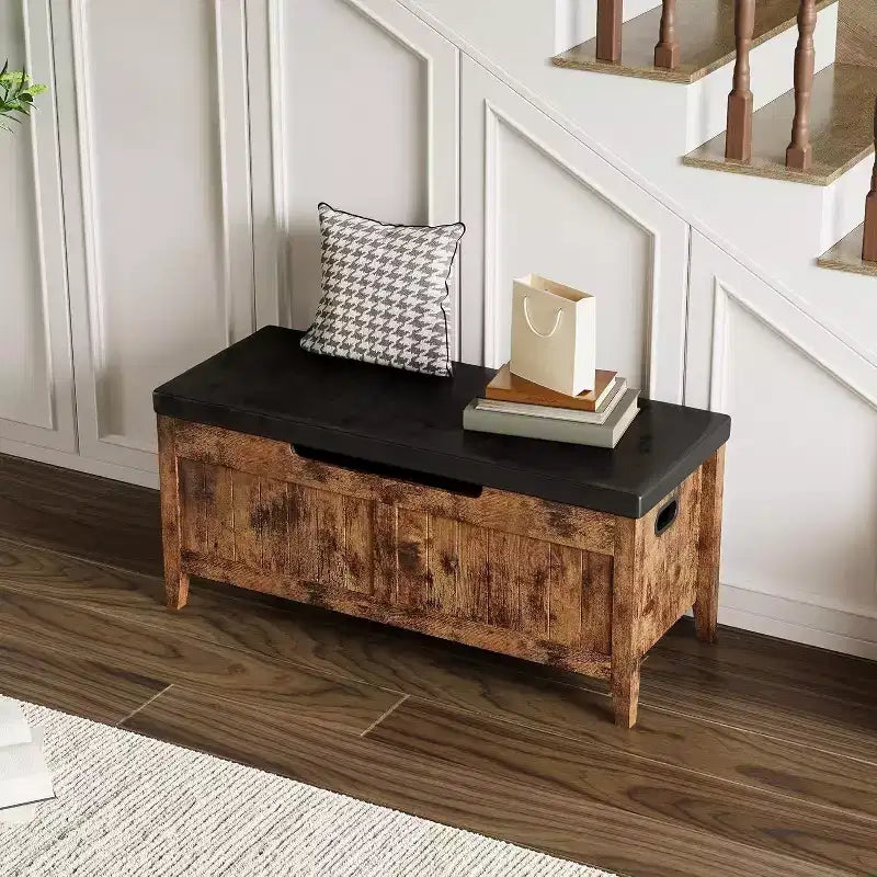 Banc de rangement capitonné marron / gris / rose / blanc, coffre en bois avec assise rembourrée, 1 personne