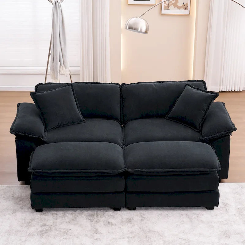 2-seater sofa with 2 cushions, 2 pillows and 2 ottomans, comfortable sofa - Living room deep sofa, modular sofa
