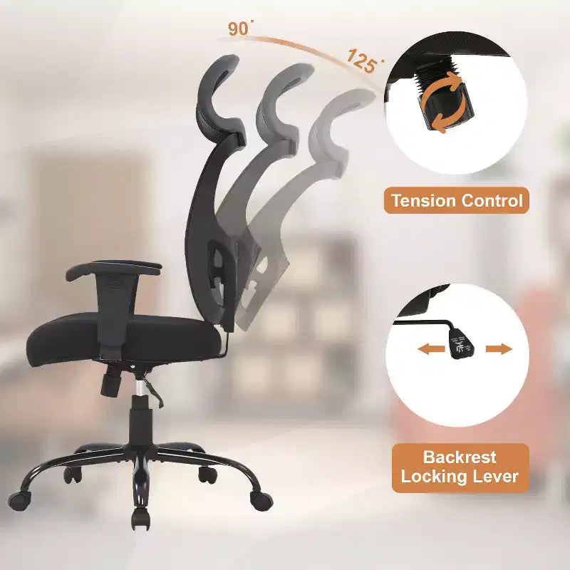 Chaise de bureau noire en mesh, hauteur et soutien lombaire réglables, siège individuel
