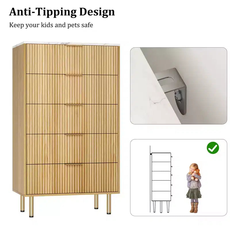 Commode 5 tiroirs blanche / effet marbre et bois – Panneau cannelé, pour 1 personne