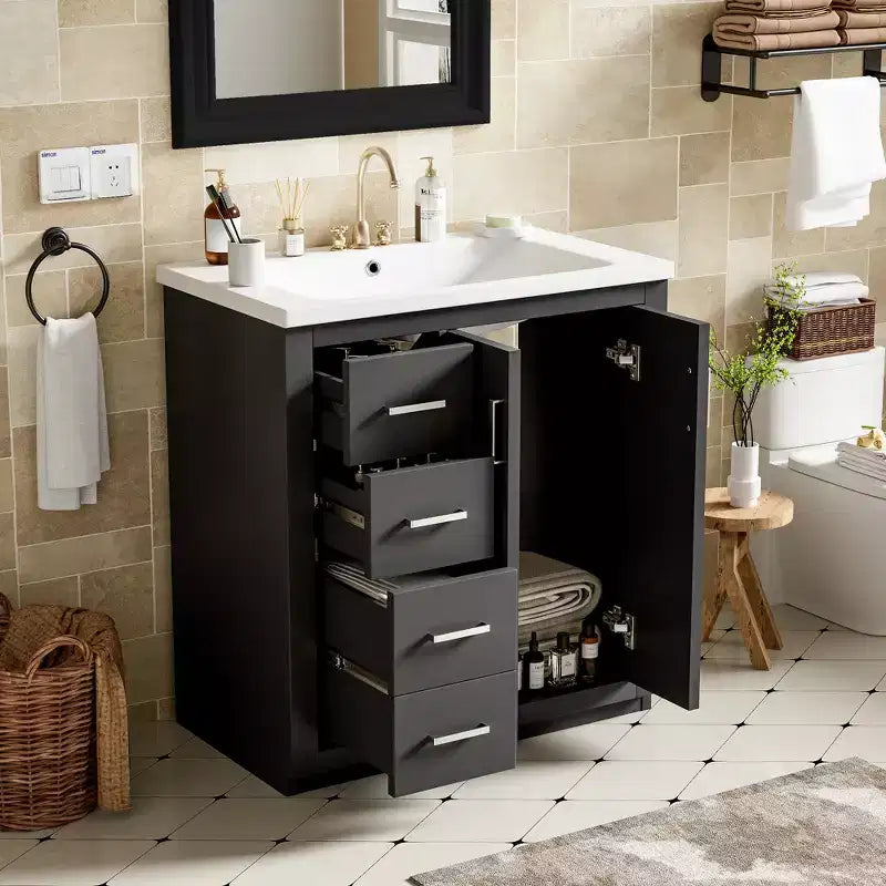Meuble-lavabo de salle de bain de 76 cm à lavabo simple avec armoire et 3 tiroirs – Noir / Bleu / Vert / Indigo / Blanc
