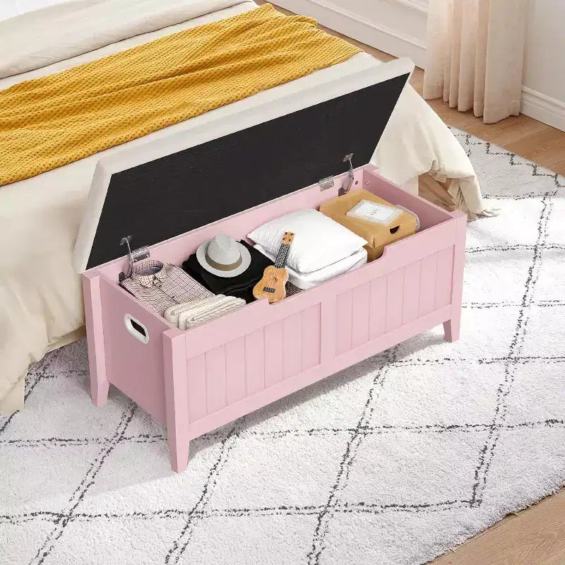 Banc de rangement capitonné marron / gris / rose / blanc, coffre en bois avec assise rembourrée, 1 personne