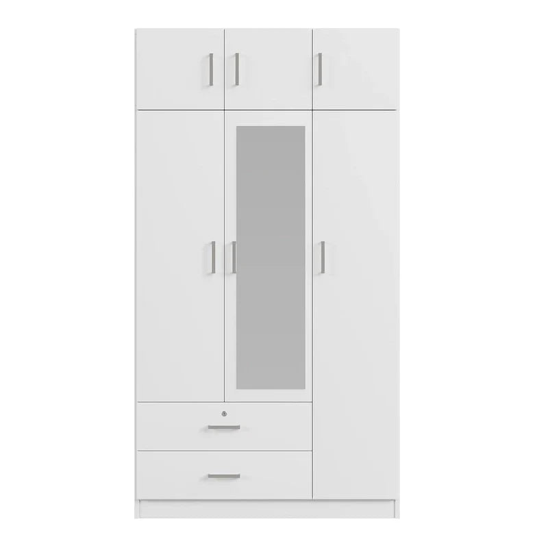 3-Door Mirror Wardrobe with 2 Drawers and Top Cabinet