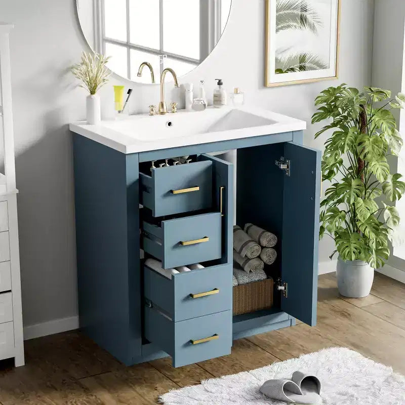 Meuble-lavabo de salle de bain de 76 cm à lavabo simple avec armoire et 3 tiroirs – Noir / Bleu / Vert / Indigo / Blanc