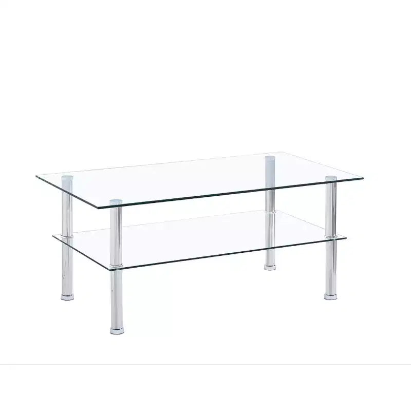 Table basse à 2 niveaux en verre transparent et métal argenté, 4 pieds