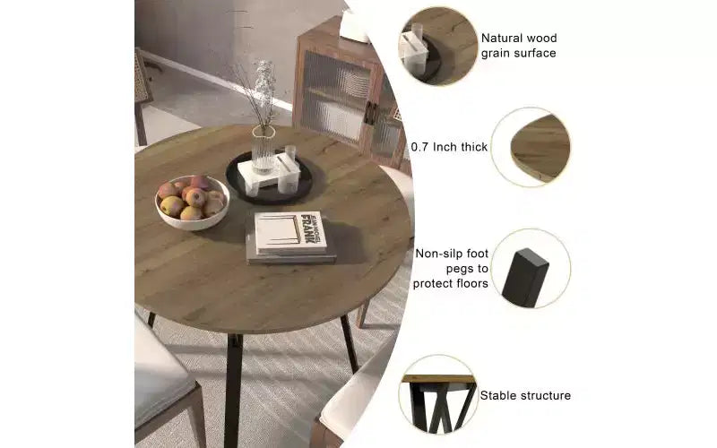 Table à manger ronde marron, pieds en métal, 2 places