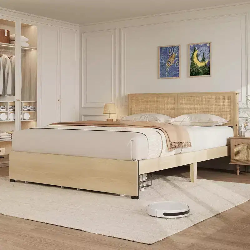 Cadre de lit en rotin naturel avec tête de lit et 2 tiroirs – Grand lit / Très grand lit, 1 personne