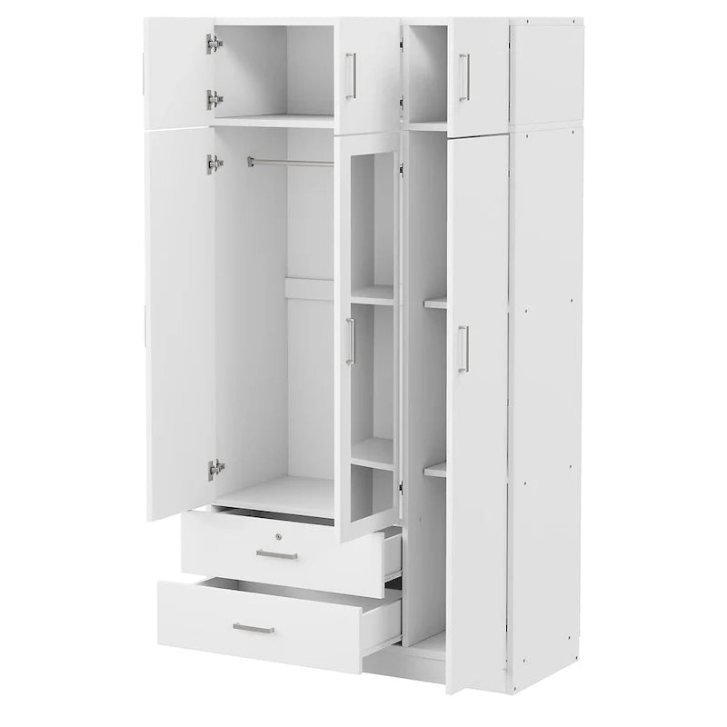 3-Door Mirror Wardrobe with 2 Drawers and Top Cabinet