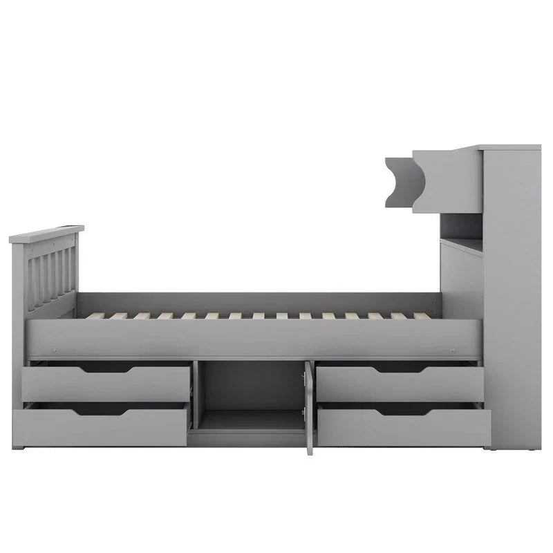Twin/Full Size Captain Platform Bed with 4 Drawers and Storage Shelves, Solid Wood Bed Frame with Storage Bookcase Headboard