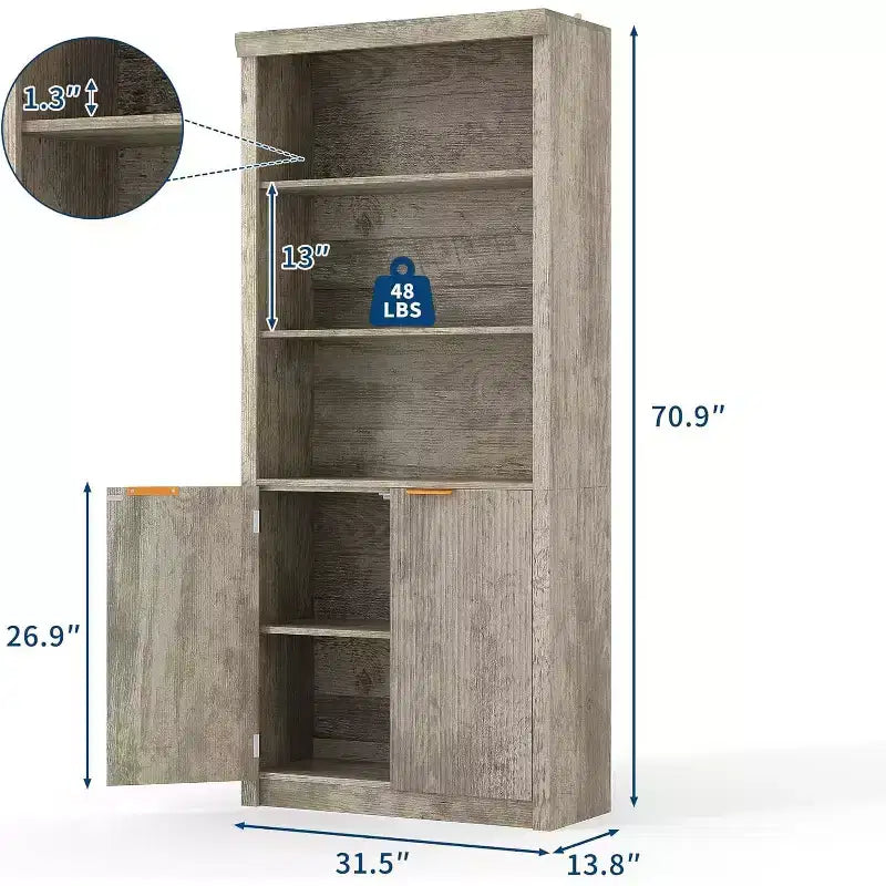 5-półkowy regał na książki z drzwiami, czarny / szary / dąb / biały, wysokość 180 cm, pojedynczy