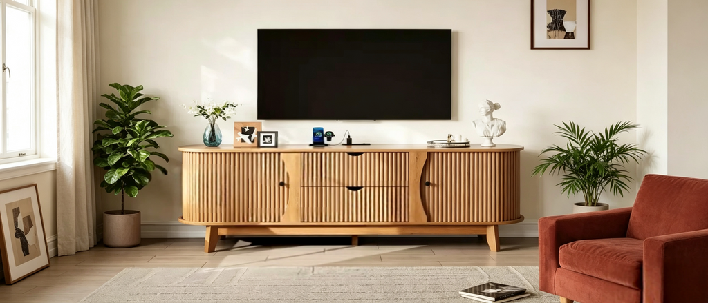 Czarno-brązowa szafka RTV z dwoma szufladami w stylu mid-century, do 1 pomieszczenia