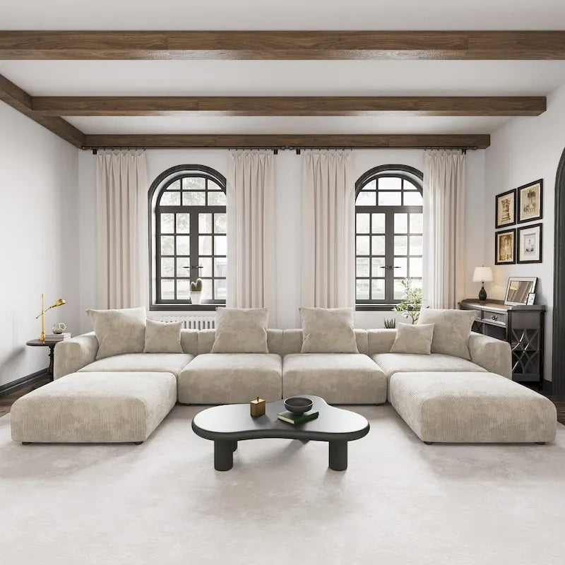 Large Modular Sectional Sofa Corduroy Upholstery U-Shaped 4 Seater with 2 Ottoman and 5 Pillows
