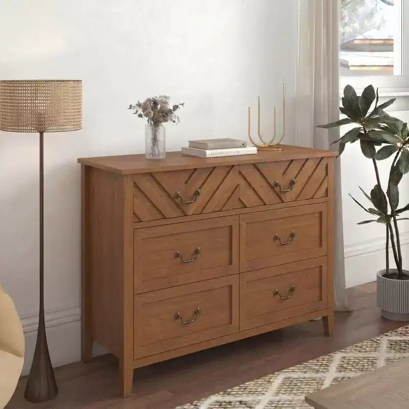 Meuble TV en bois brun/blanc à 6 tiroirs avec façade à motif en V, console multimédia