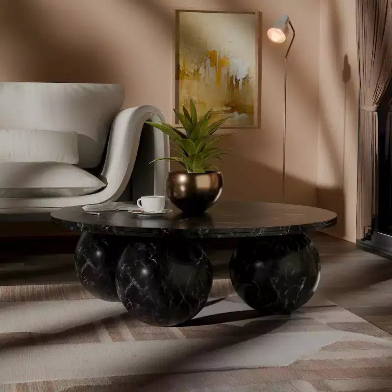 Round Marble Coffee Table with Sphere Legs, Multicolor, Seats 4??