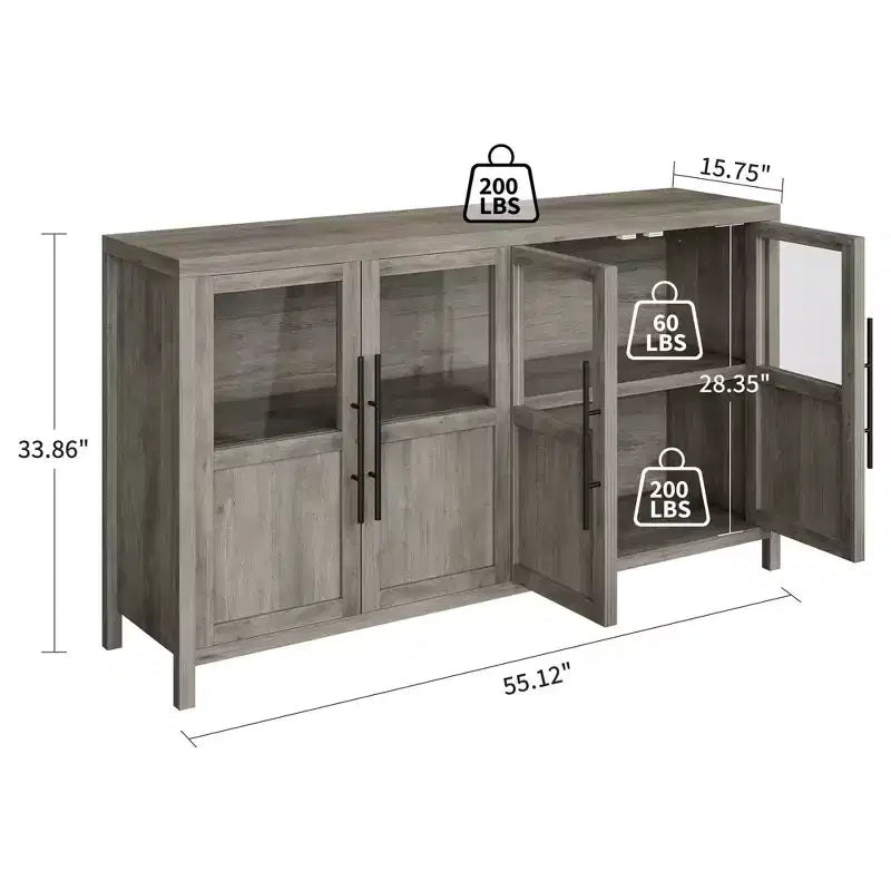 Buffet bahut avec portes vitrées, coloris noir/gris/bois, 4 portes, assemblage 1 personne