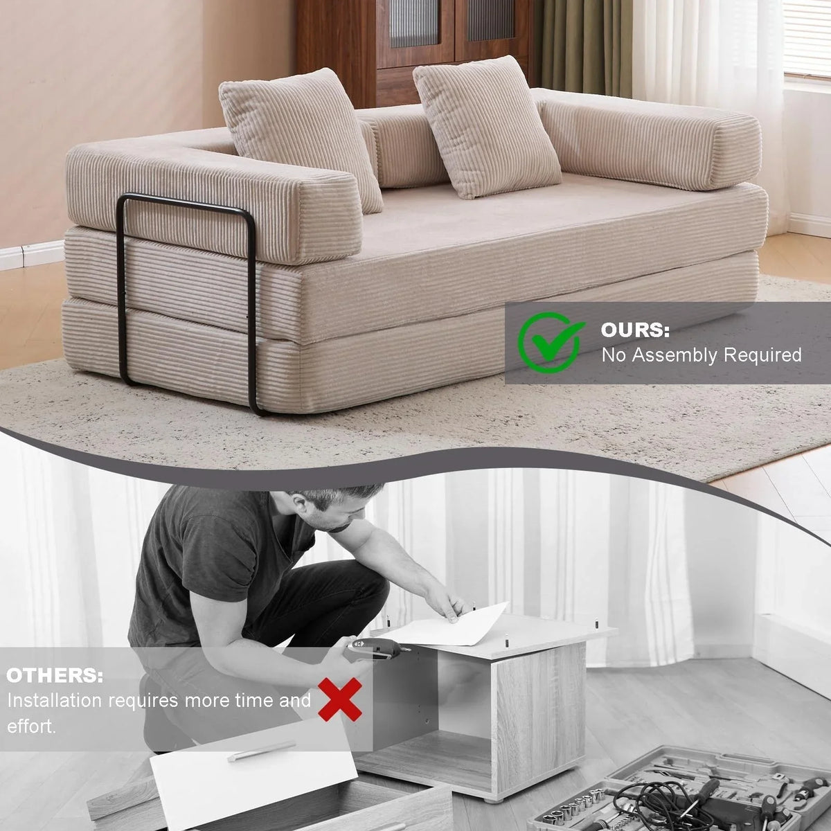 Convertible Floor Sofa Bed with Pillow Back Chenille Fabric for Living Room Bedroom
