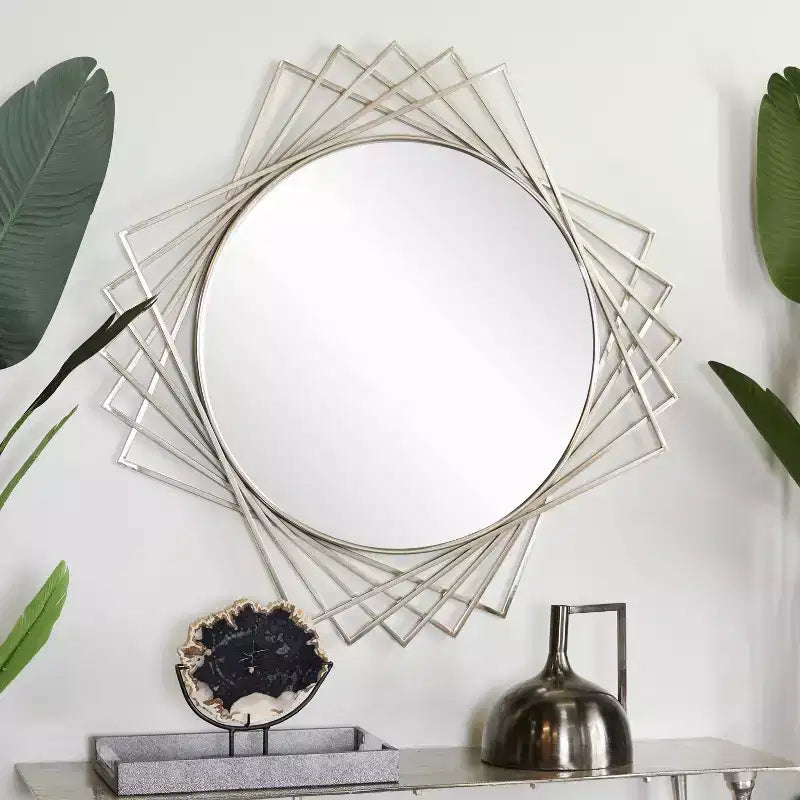 Miroir mural géométrique rond en métal noir/argenté, simple