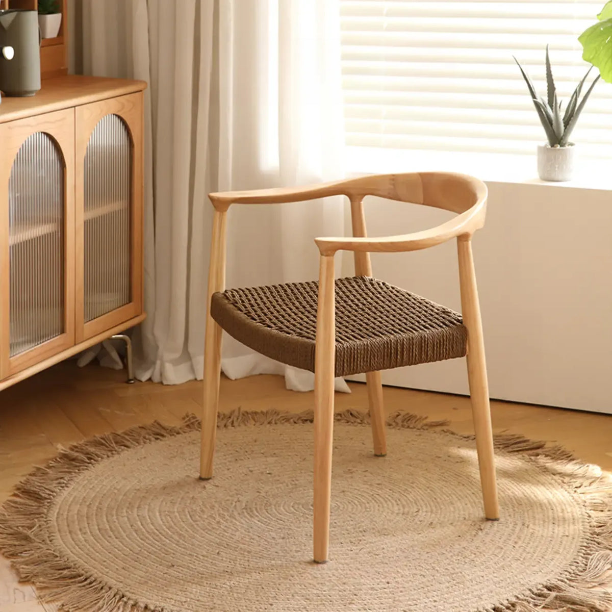 Scandinavian Curved Wood Woven Seat Armrest Dining Chair