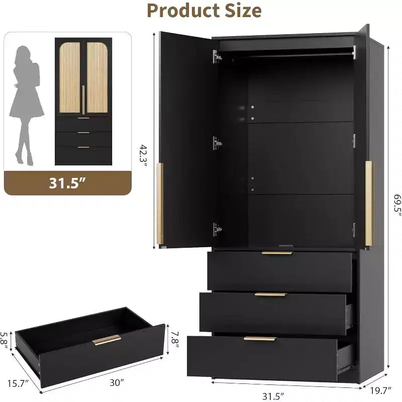 Armoire 2 portes avec 3 tiroirs et tringle de penderie
