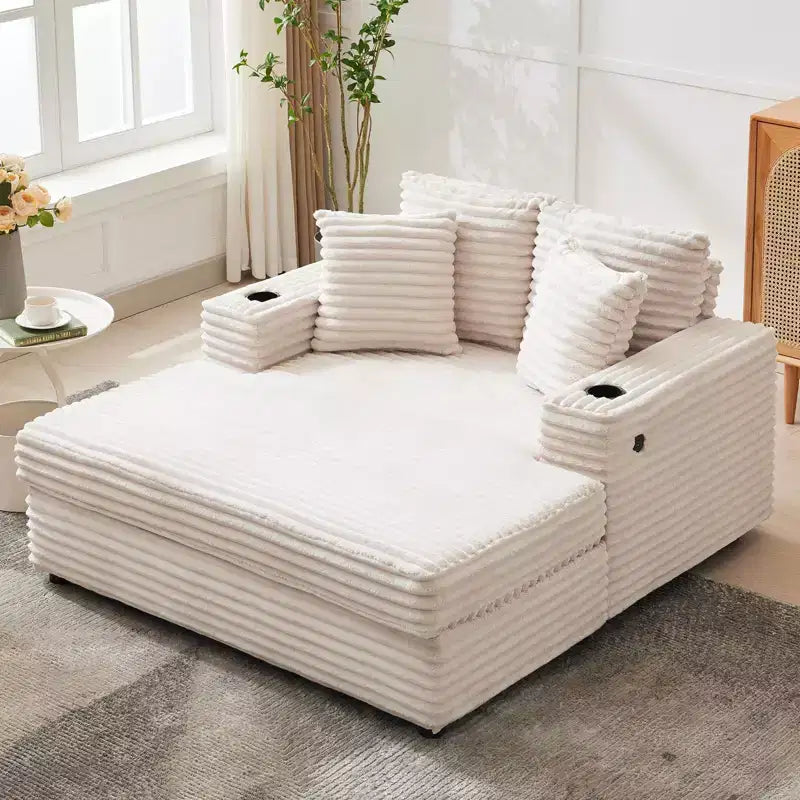 Sofa wypoczynkowa trzyosobowa sztruksowa z uchwytami na kubki i portami ładowania