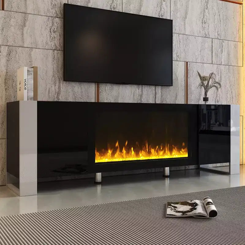 Meuble TV blanc avec cheminée électrique, 2 armoires, convient jusqu'à 78 po.