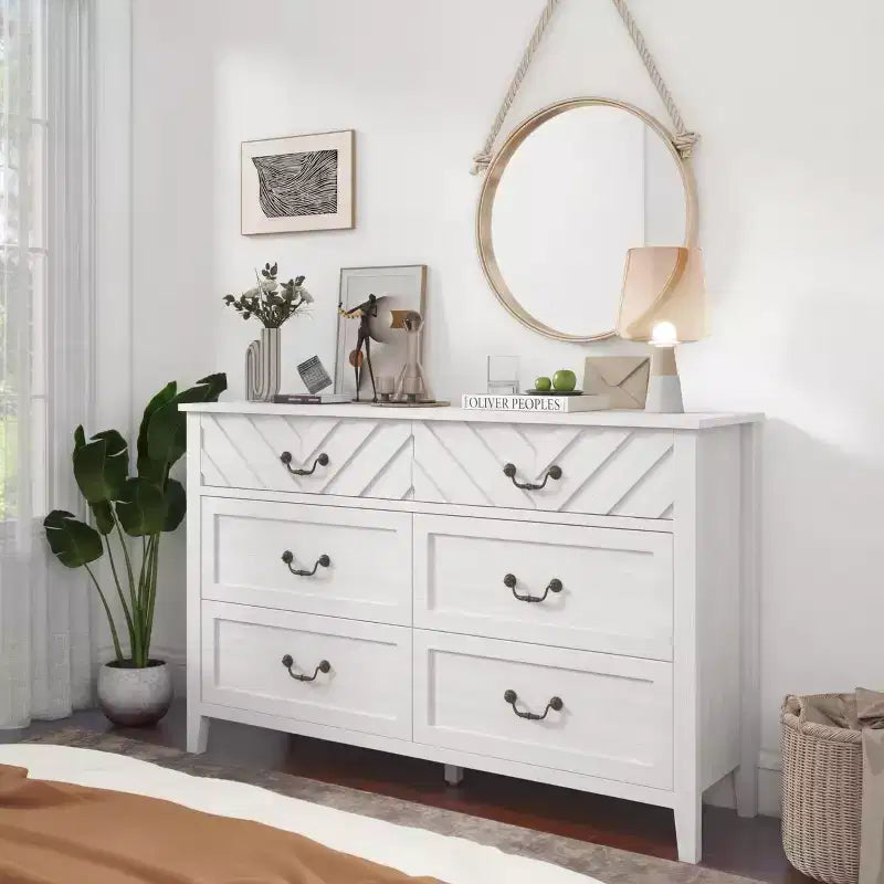 Meuble TV en bois brun/blanc à 6 tiroirs avec façade à motif en V, console multimédia