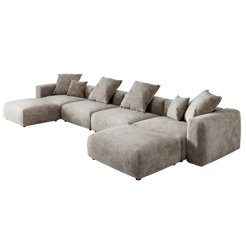 Large Modular Sectional Sofa Corduroy Upholstery U-Shaped 4 Seater with 2 Ottoman and 5 Pillows