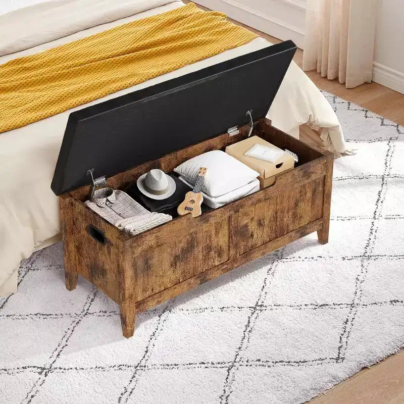 39.4in Storage Bench with Padded Seat, Wooden Chest Storage Box with 2 Safety Hinges for Entryway Living Room, Bedroom, Easy Assembly