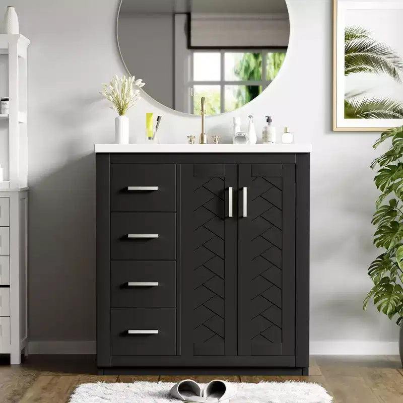 Meuble-lavabo de salle de bain de 76 cm à lavabo simple avec armoire et 3 tiroirs – Noir / Bleu / Vert / Indigo / Blanc
