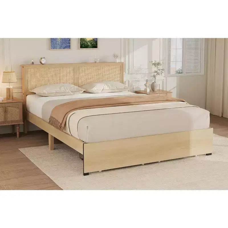 Cadre de lit en rotin naturel avec tête de lit et 2 tiroirs – Grand lit / Très grand lit, 1 personne
