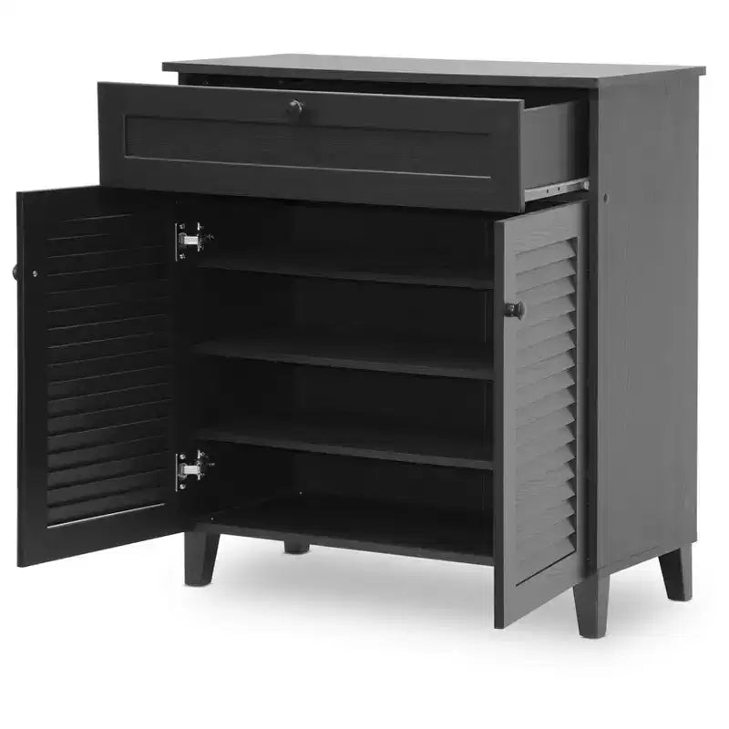 Meuble de rangement pour chaussures avec portes et tiroirs, coloris expresso – Contient 16 paires