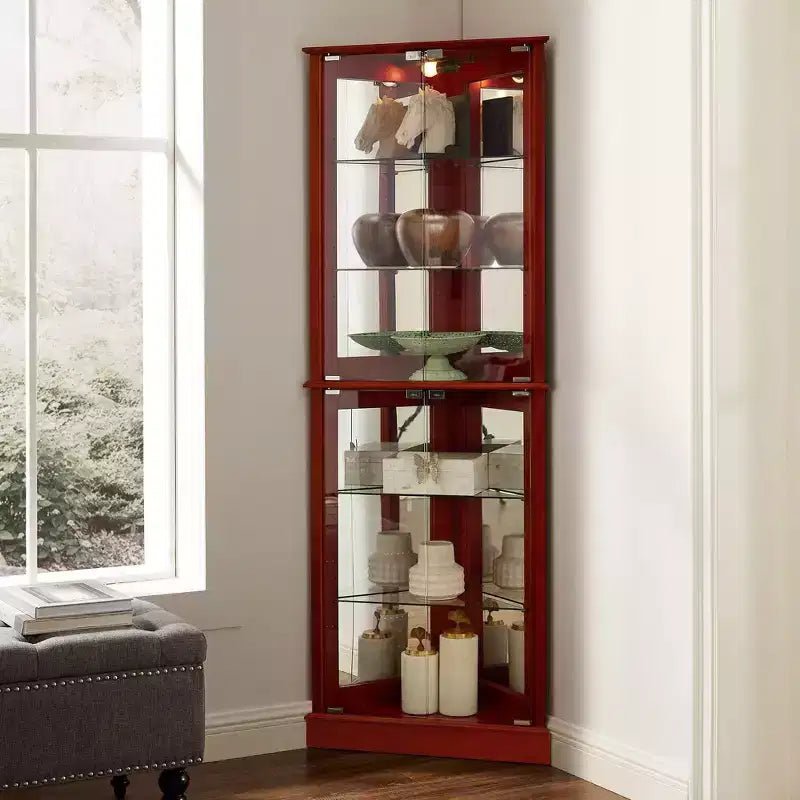 Okak Corner Curio Cabinet, Display Cabinet with 4 Doors and Adjustable Tempered Glass Shelves, Cabinet for Living Room