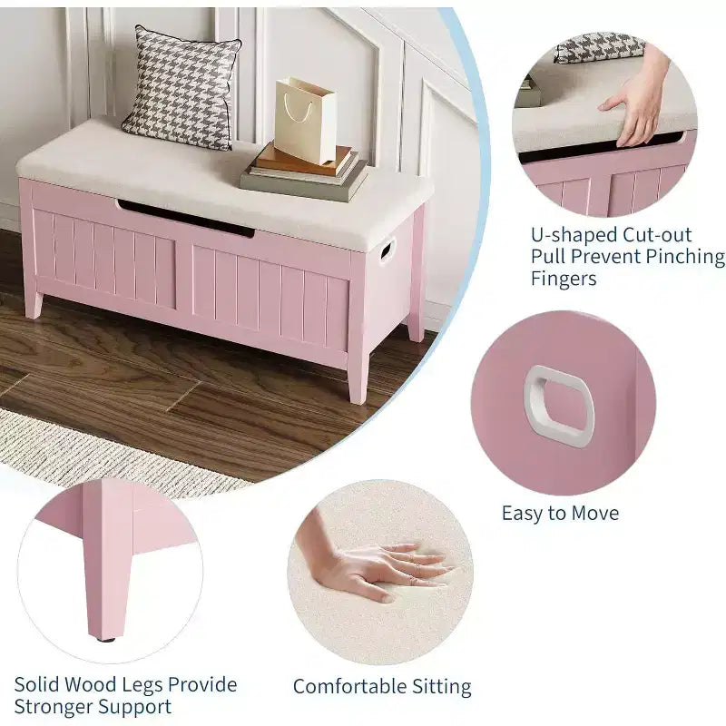 Banc de rangement capitonné marron / gris / rose / blanc, coffre en bois avec assise rembourrée, 1 personne