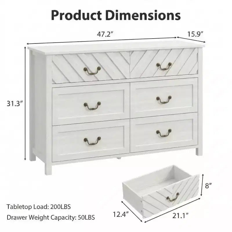 Meuble TV en bois brun/blanc à 6 tiroirs avec façade à motif en V, console multimédia