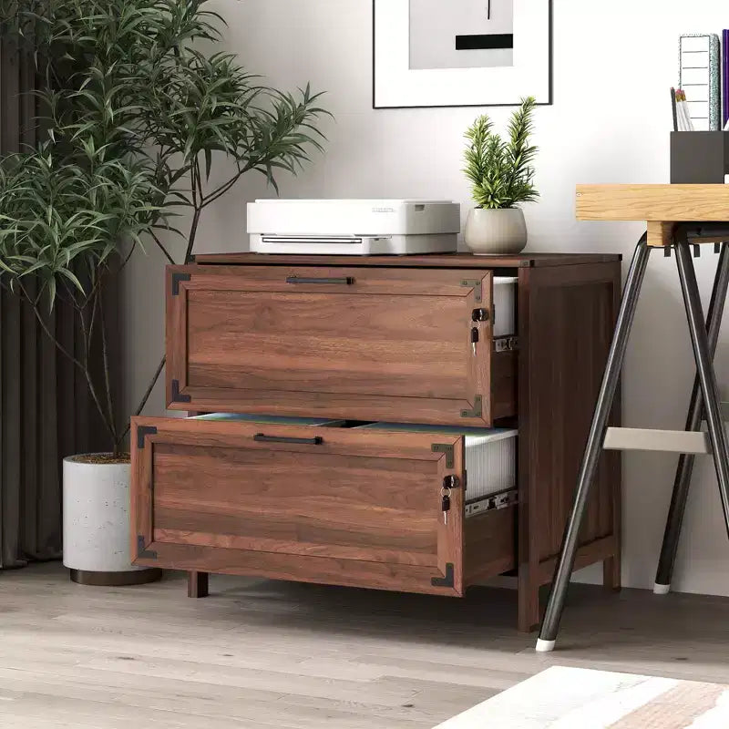 2-Drawer Lateral File Cabinet with Lock, Filing Cabinet for Home Office, Lockable Farmhouse File Organizer Brown