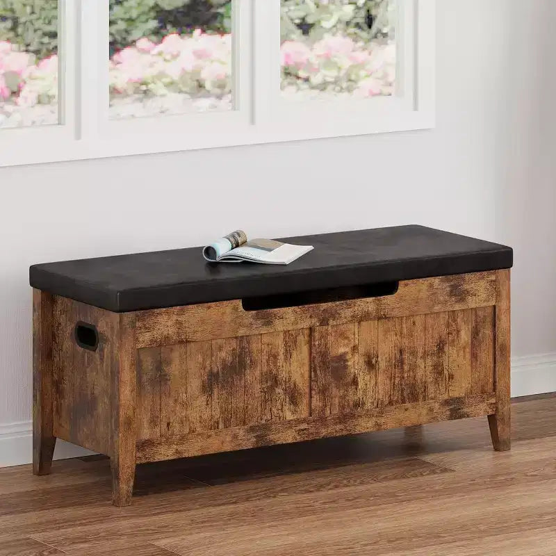 Banc de rangement capitonné marron / gris / rose / blanc, coffre en bois avec assise rembourrée, 1 personne