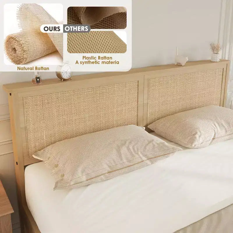 Cadre de lit en rotin naturel avec tête de lit et 2 tiroirs – Grand lit / Très grand lit, 1 personne