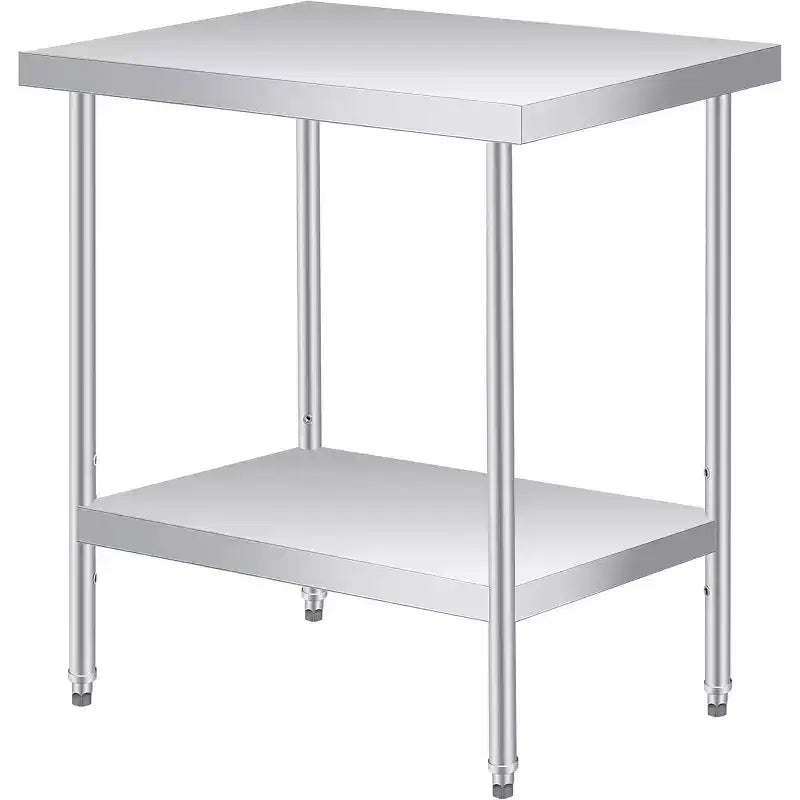 Table de travail en acier inoxydable argenté à 2 niveaux - Pieds fixes/Roues verrouillables, 1-2 personnes