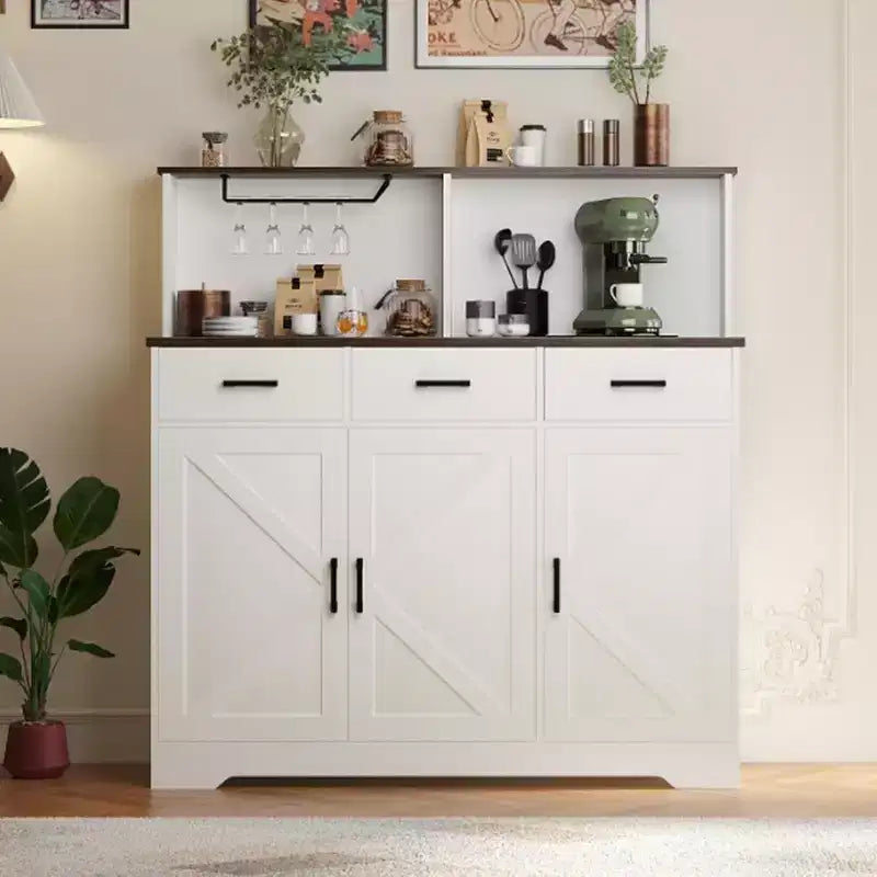 Farmhouse-Style Sideboard Buffet with Microwave Stand, Barn Door Storage Cabinet with Drawers and Adjustable Shelves, Wooden Coffee Bar Cabinet